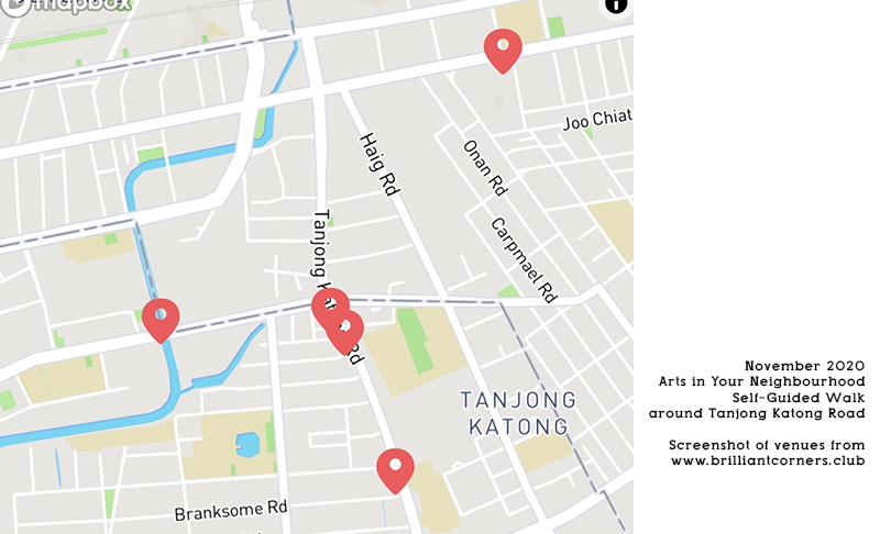 November 2020 Arts In your neighbourhood: The city is blooming  self-guided art trail / walk around Tanjong Katong Road map.
